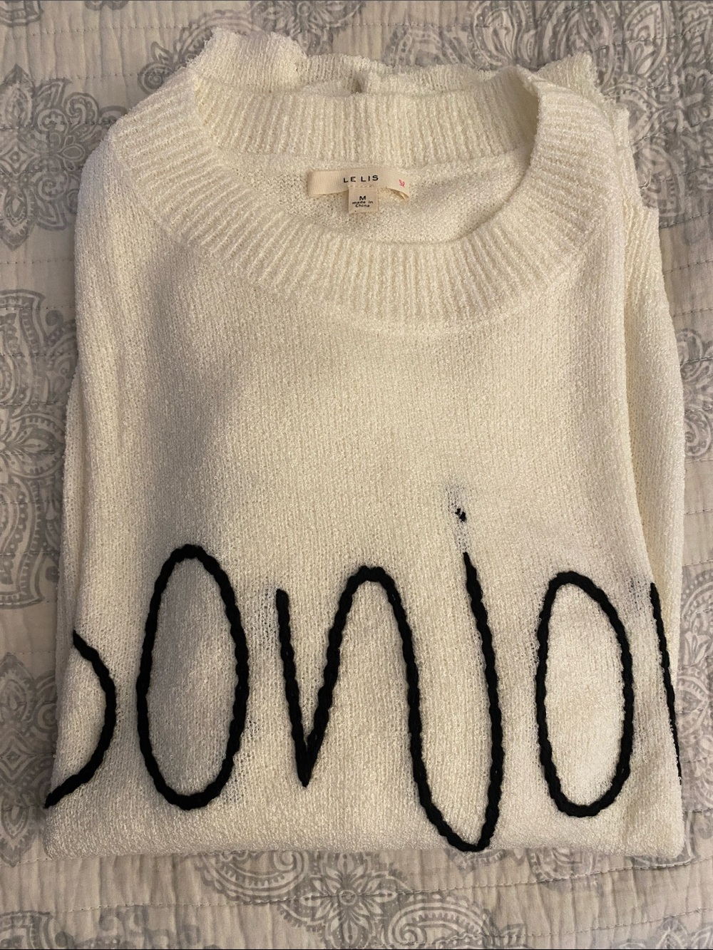 Le Lis Cream Crewneck oversized Sweater with Black "Bonjour" Script